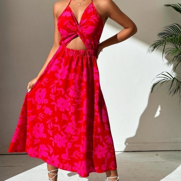 MODA ME COUTURE Dresses & Skirts - Floral Print Twist Front Halter maxi Dress pink red